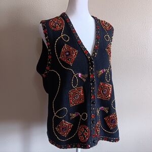 1997 Embellished Beaded Knit Sweater Vest Claudia D, Artsy Dark 90s Boho Large